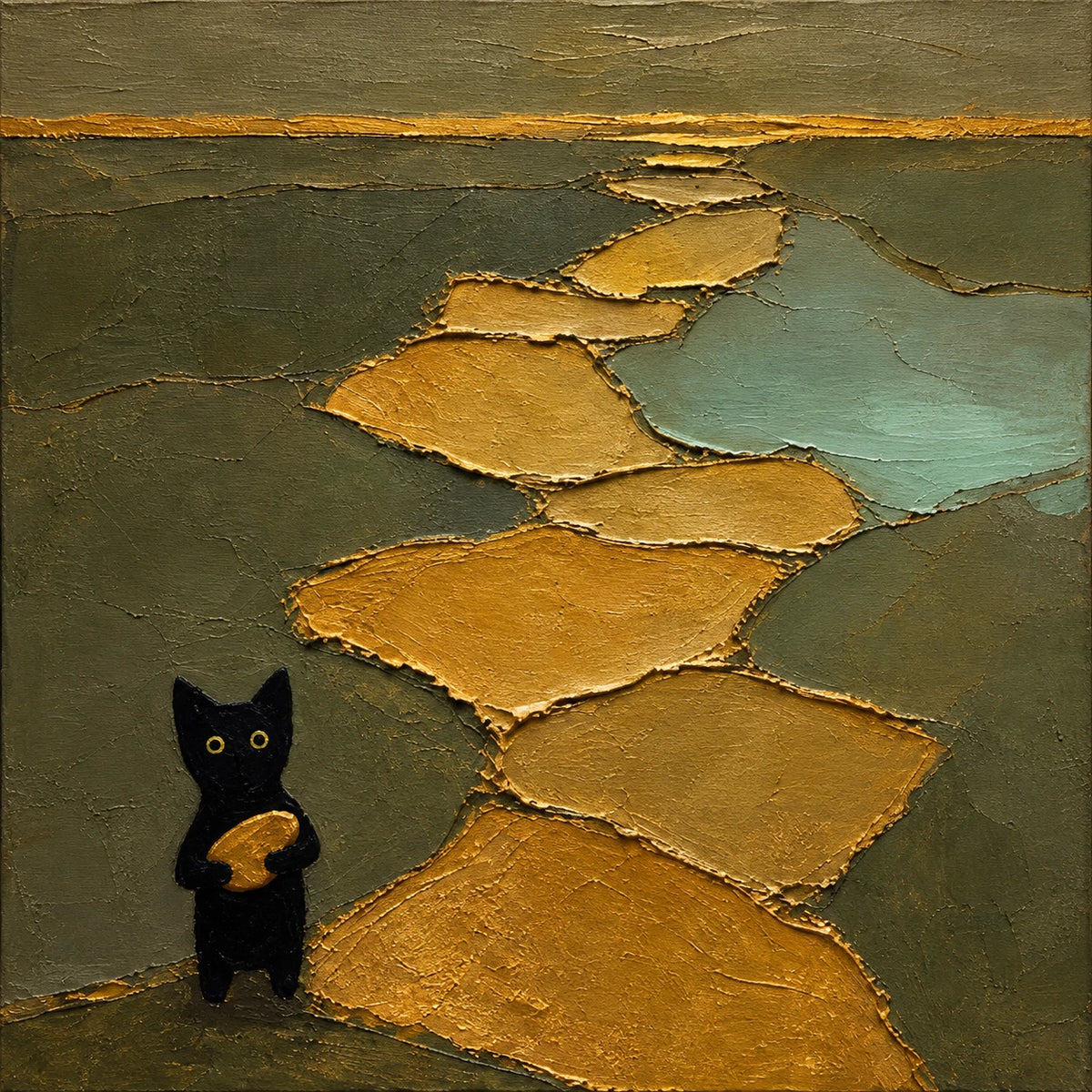Golden Wanderer full artwork. A small black cat stands beside a winding golden path, holding a warm yellow shape in its paws.