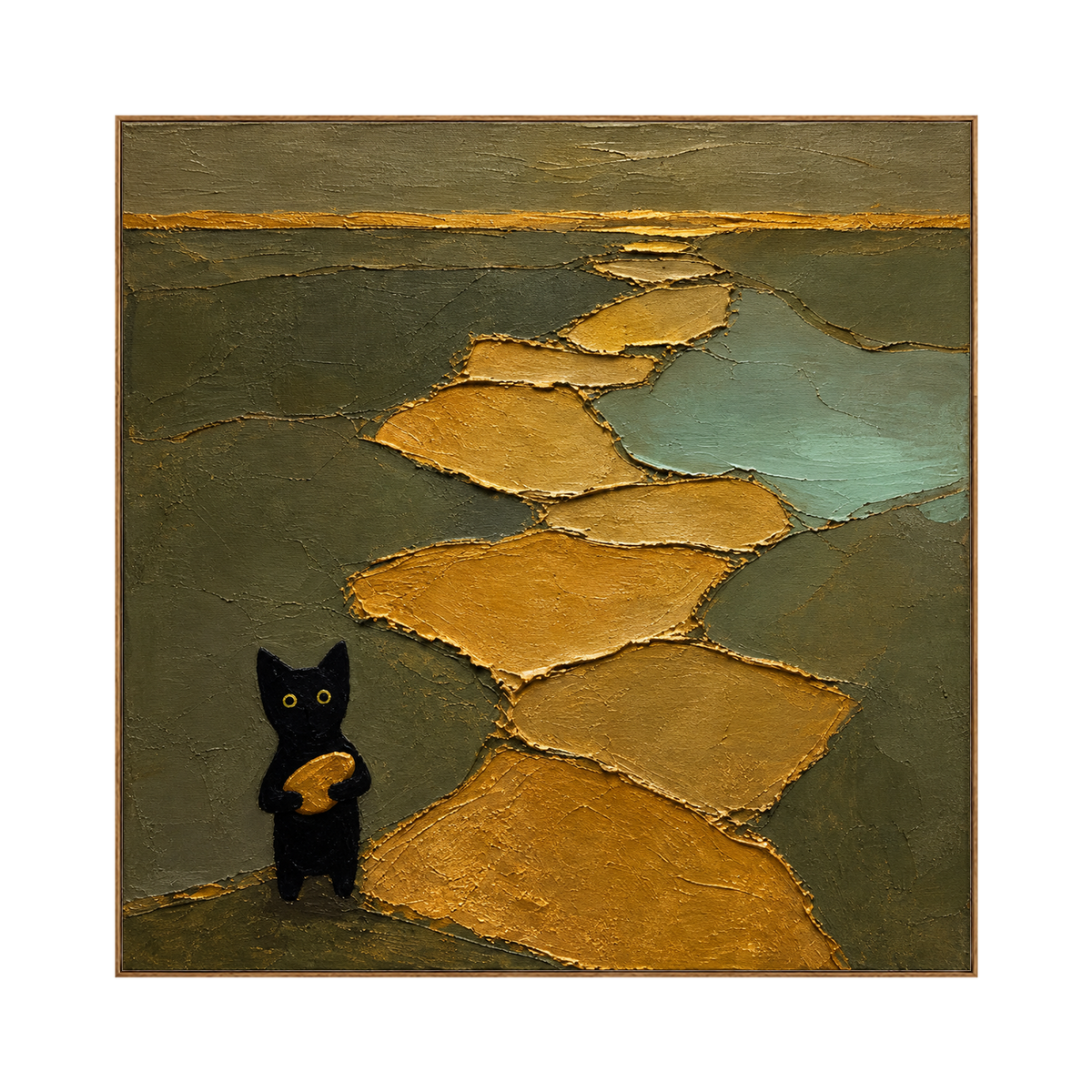 Golden Wanderer artwork in a natural wood frame on a transparent background.