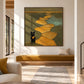 Golden Wanderer artwork displayed above a mustard-colored bench.