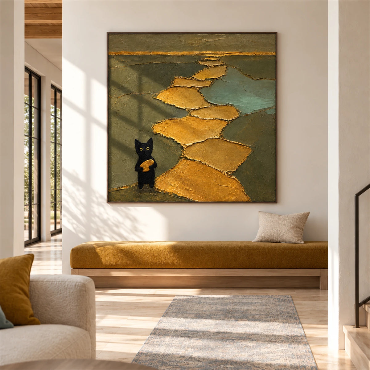 Golden Wanderer artwork displayed above a mustard-colored bench.