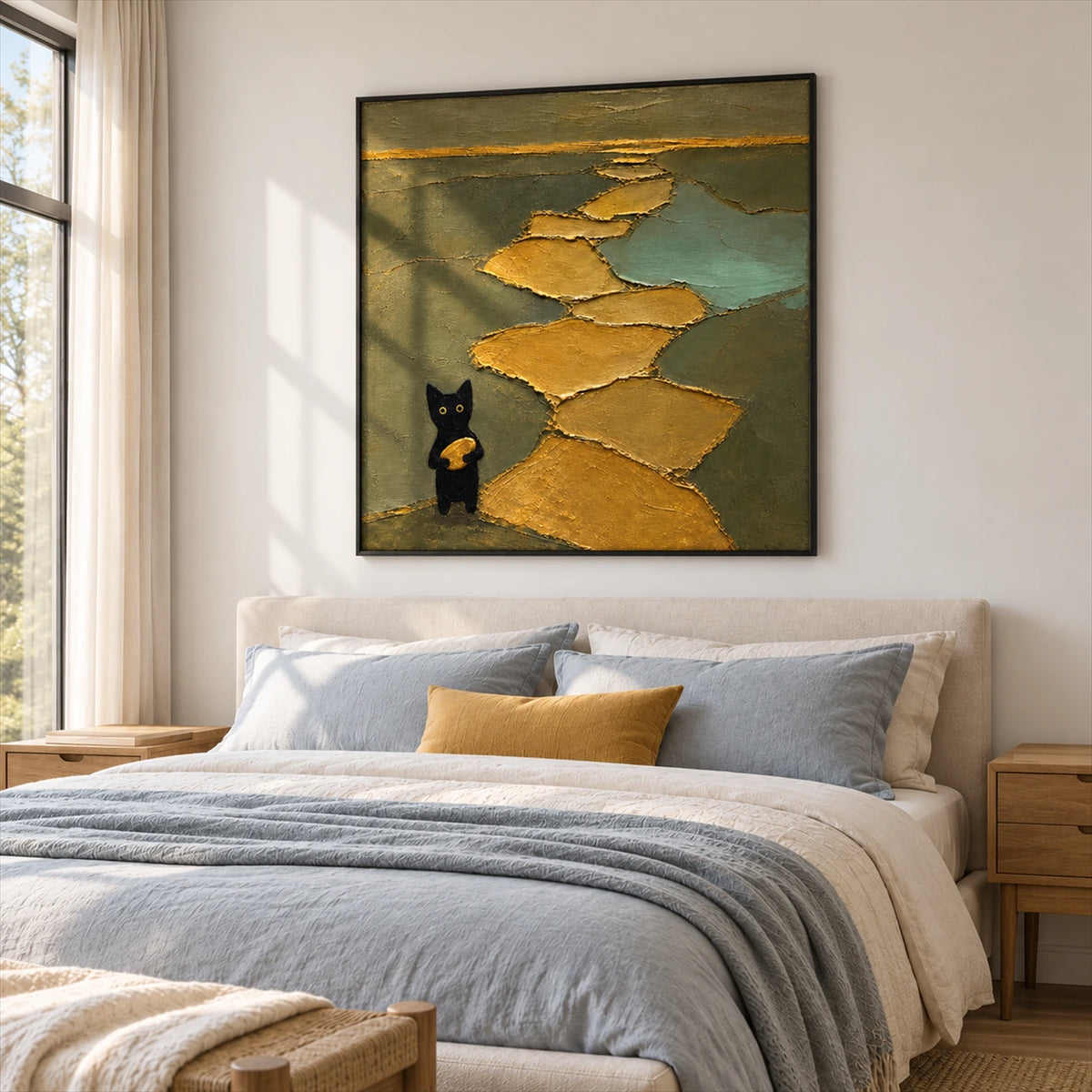 Golden Wanderer artwork displayed above a bed with blue bedding.