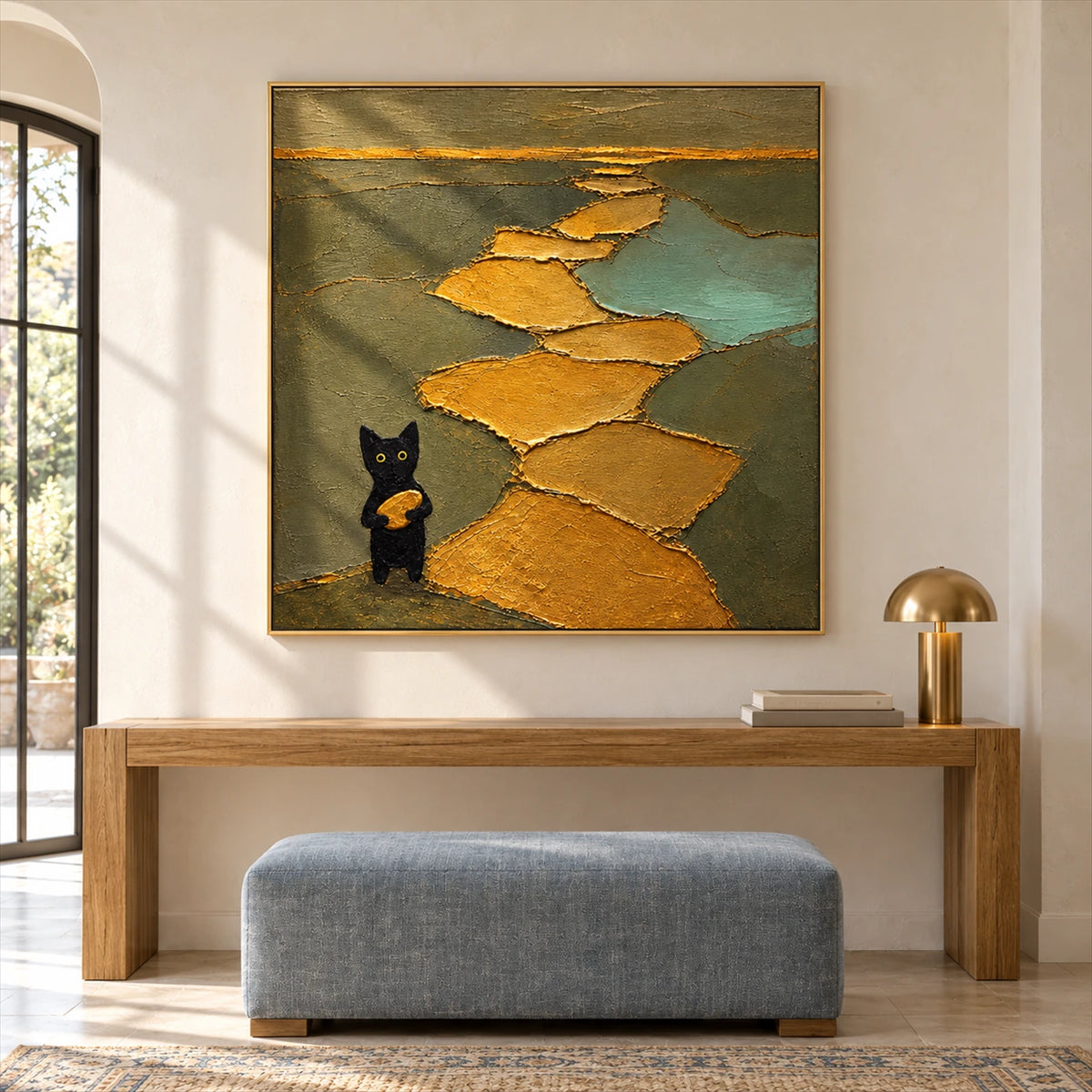 Golden Wanderer artwork displayed above a wooden console.