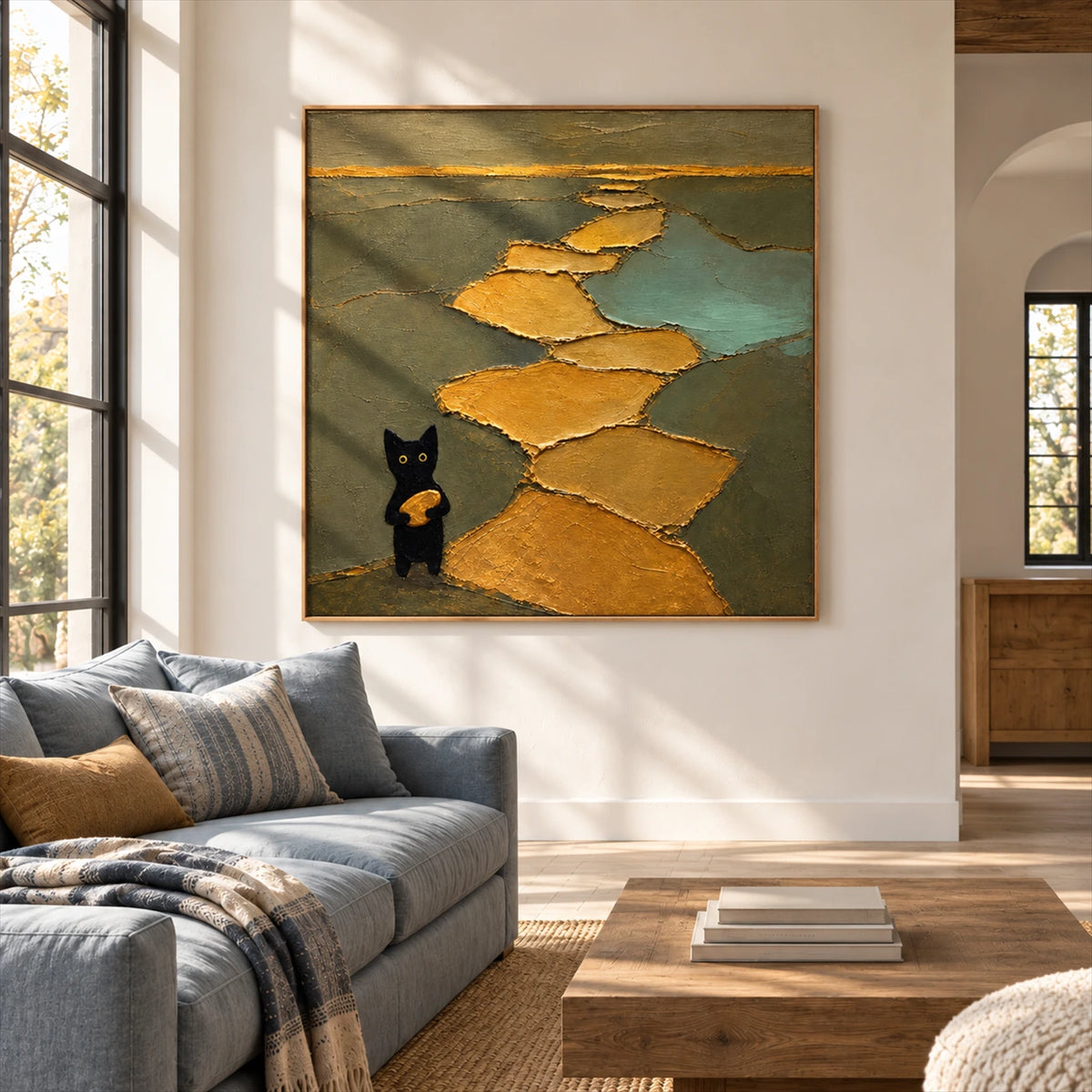 Golden Wanderer artwork displayed above a blue sofa.