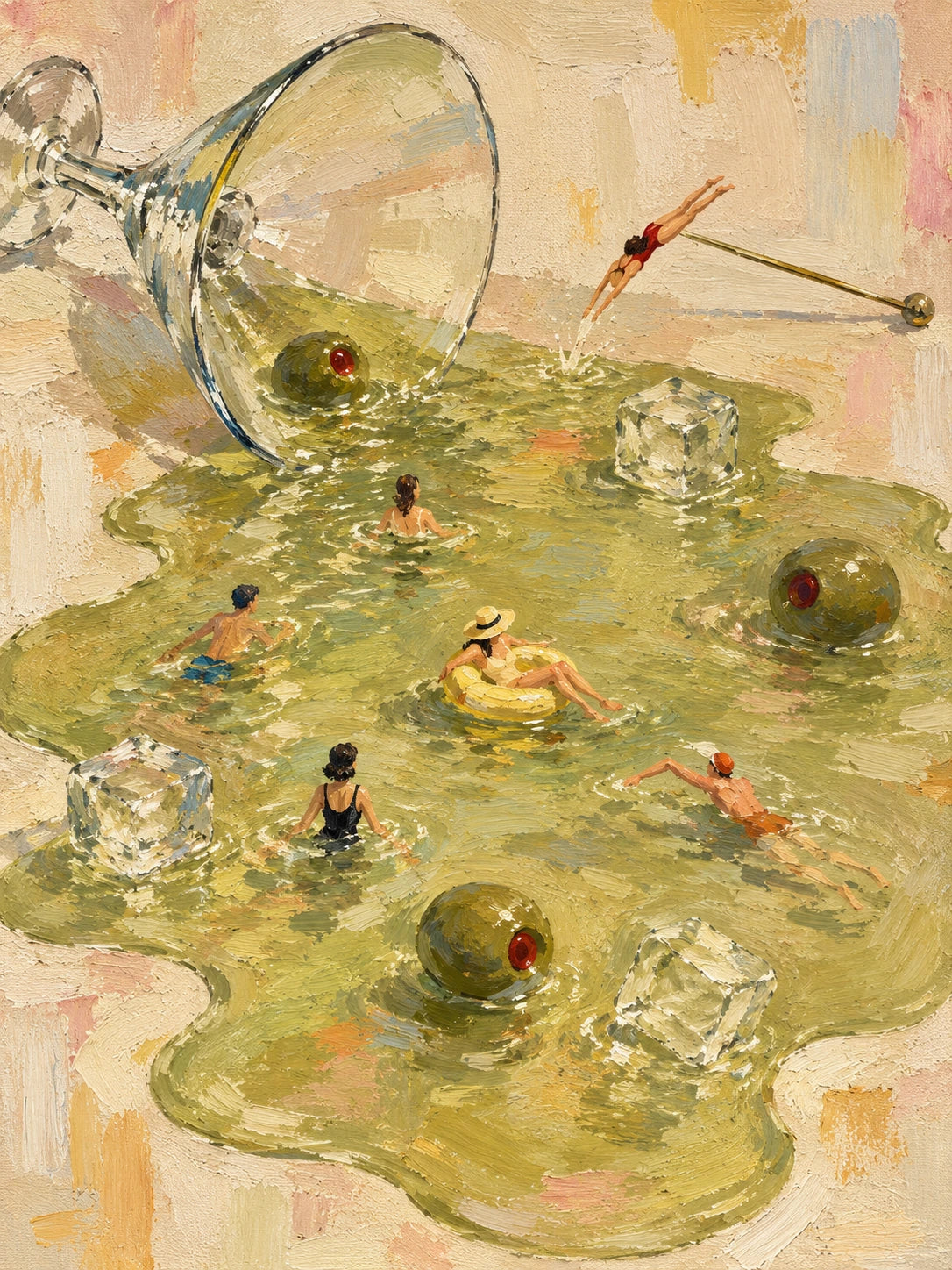 Martini Lagoon full artwork. A tipped cocktail glass spills into a green lagoon where tiny swimmers drift among oversized olives and ice cubes.