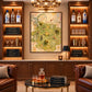 Martini Lagoon artwork displayed between bottle shelves in a home bar.