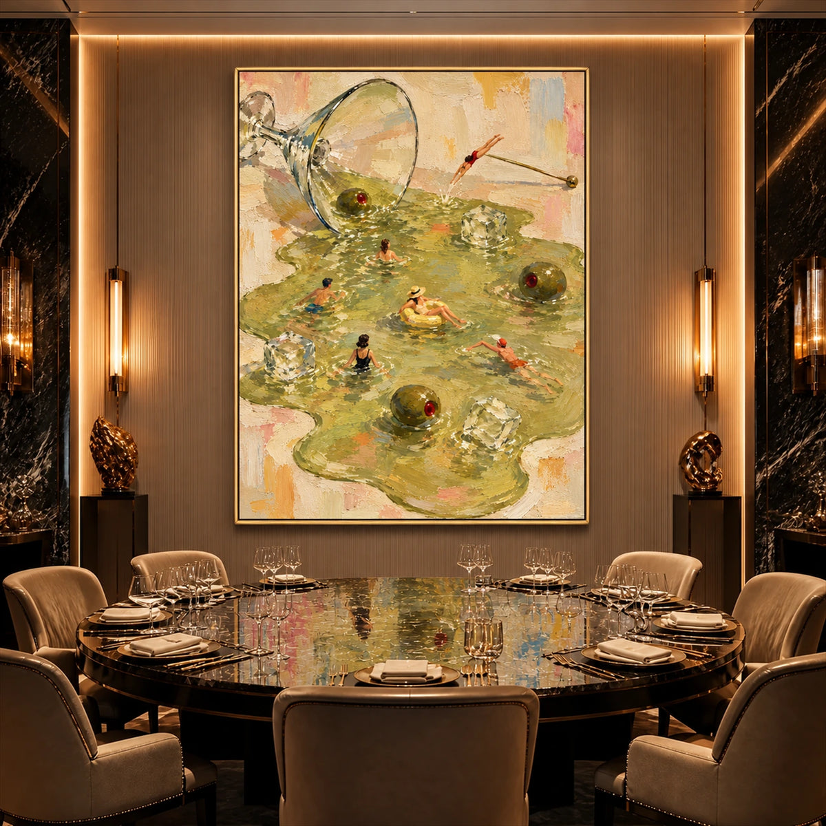 Martini Lagoon artwork displayed above a round dining table.