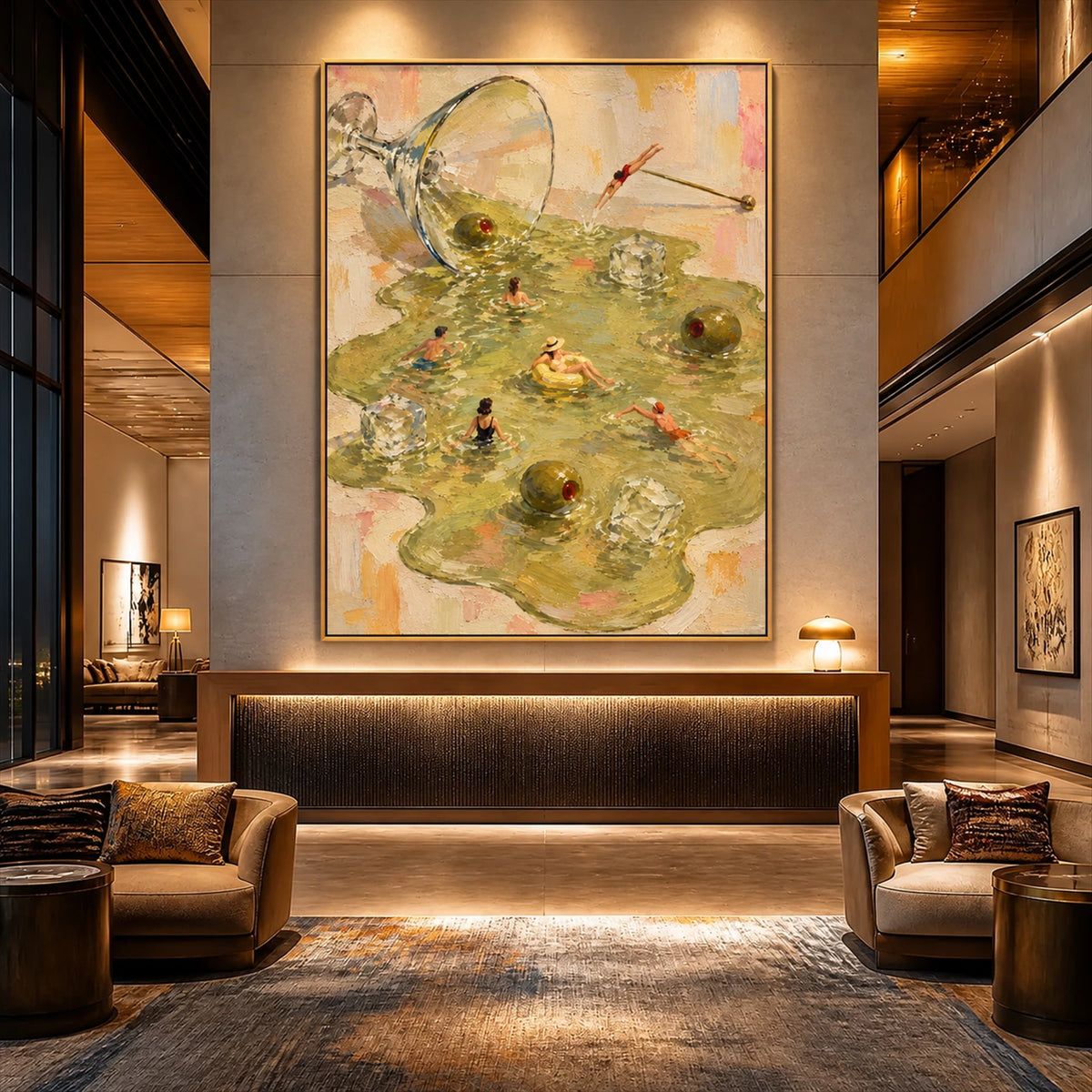 Martini Lagoon artwork displayed above an illuminated lobby console.