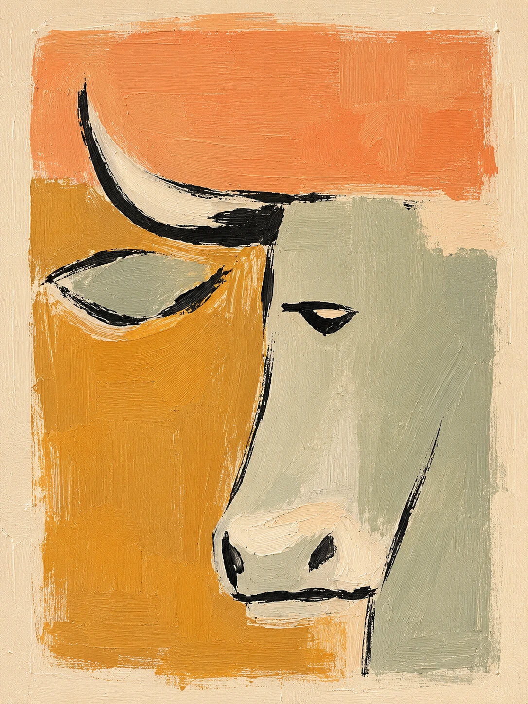 Terra Steer full artwork. A longhorn’s face emerges from broad blocks of ochre, sage, and warm orange.