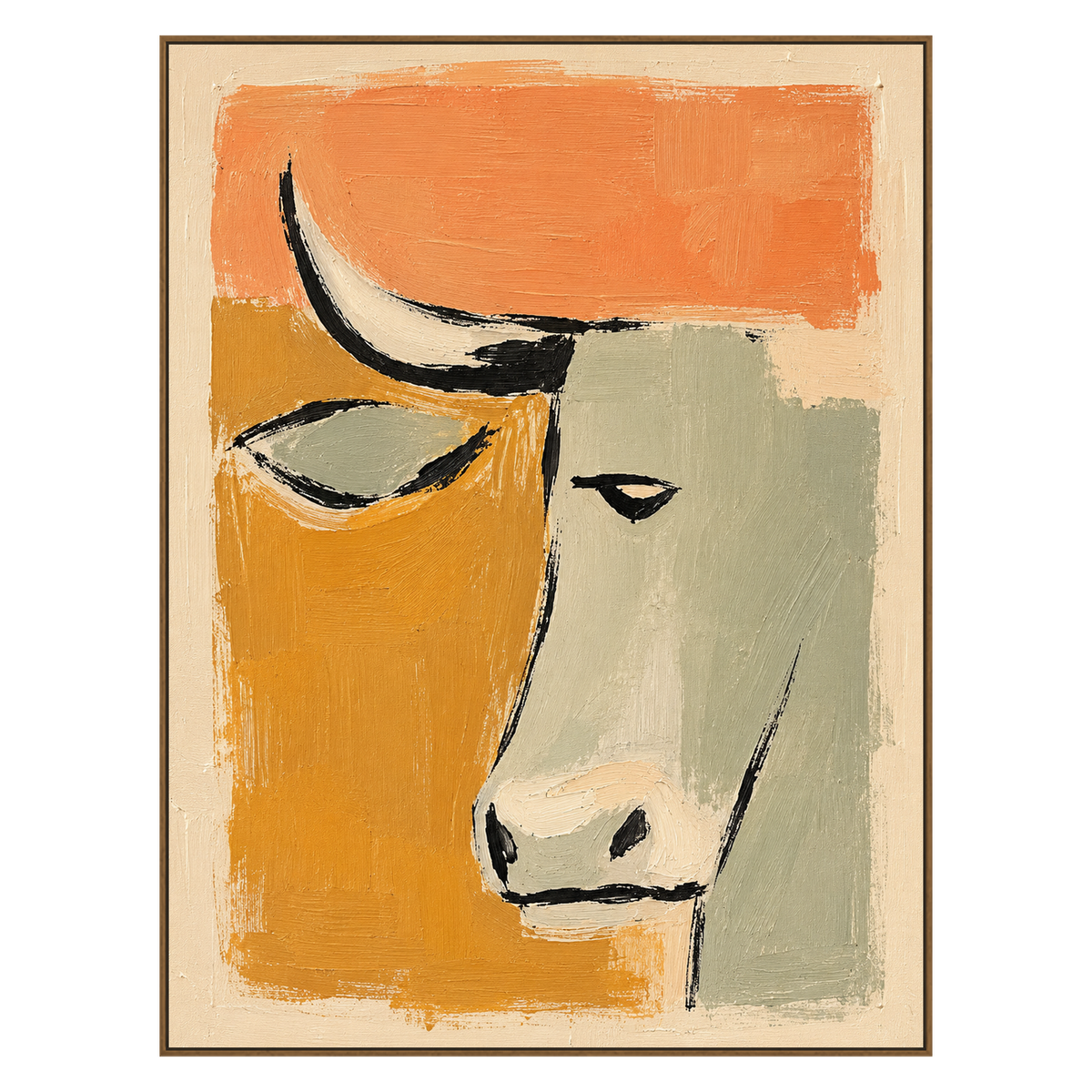 Terra Steer artwork in a natural wood frame on a transparent background.