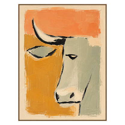 Terra Steer artwork in a natural wood frame on a transparent background.