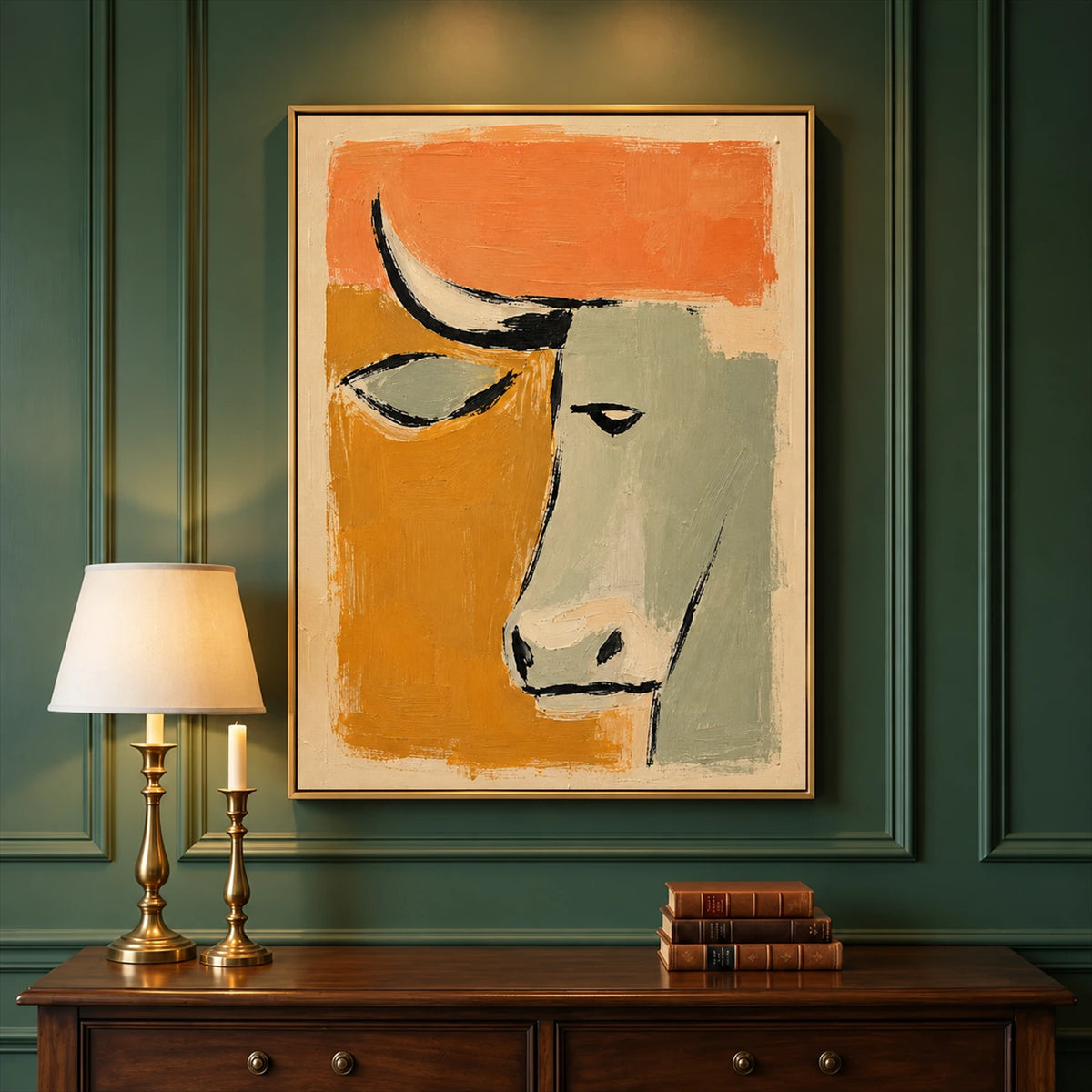 Terra Steer artwork displayed above a desk against a green paneled wall.