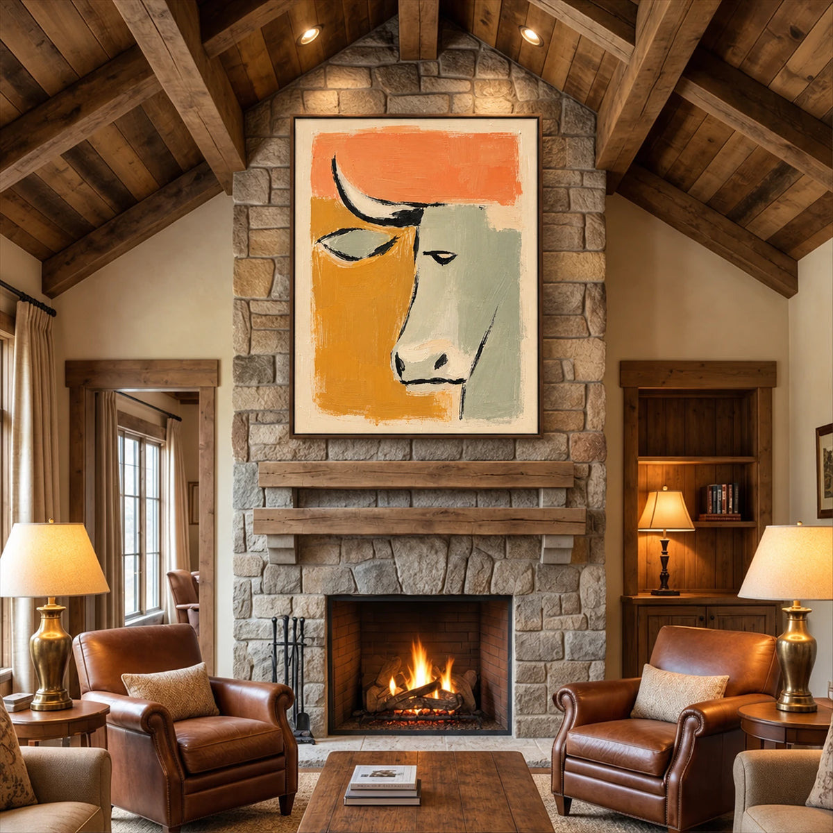 Terra Steer artwork displayed above a stone fireplace.