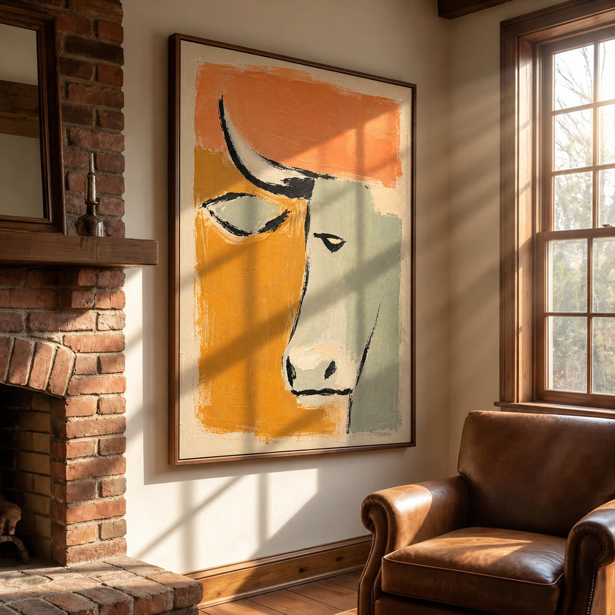 Terra Steer artwork displayed beside a leather armchair and brick fireplace.