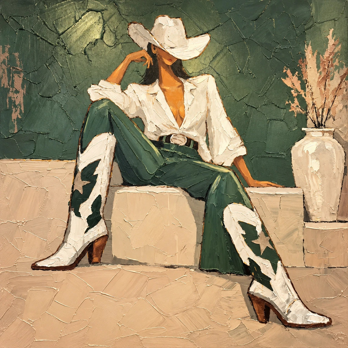 Sage Cowgirl full artwork. A seated cowgirl wears a cream hat and blouse with deep green trousers and patterned western boots.