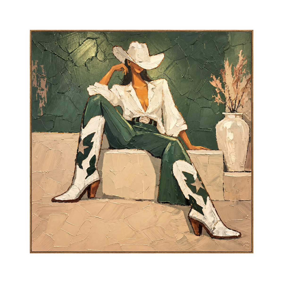 Sage Cowgirl artwork in a natural wood frame on a transparent background.