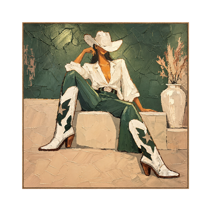 Sage Cowgirl artwork in a natural wood frame on a transparent background.