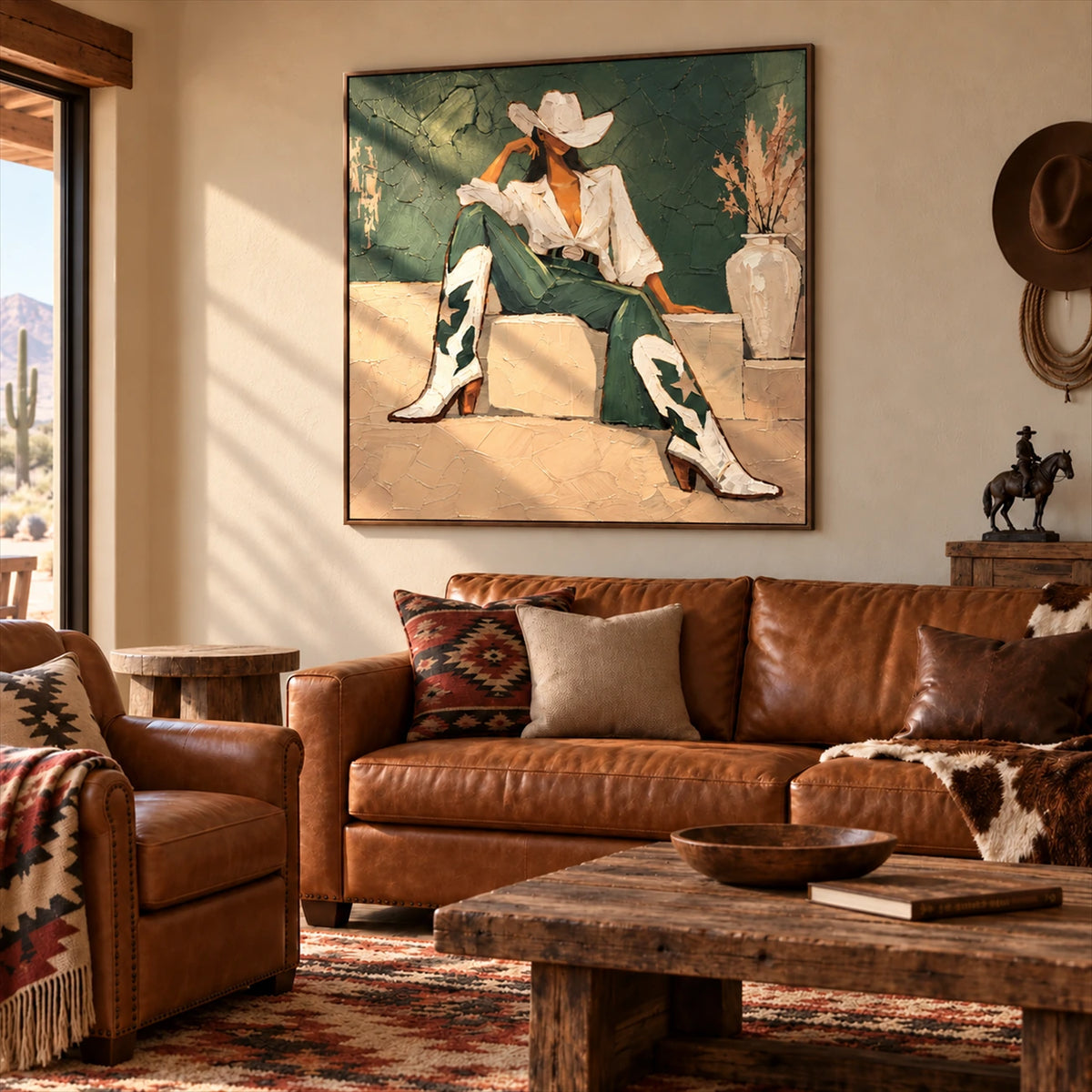 Sage Cowgirl artwork displayed above a brown leather sofa in a western-inspired living room.