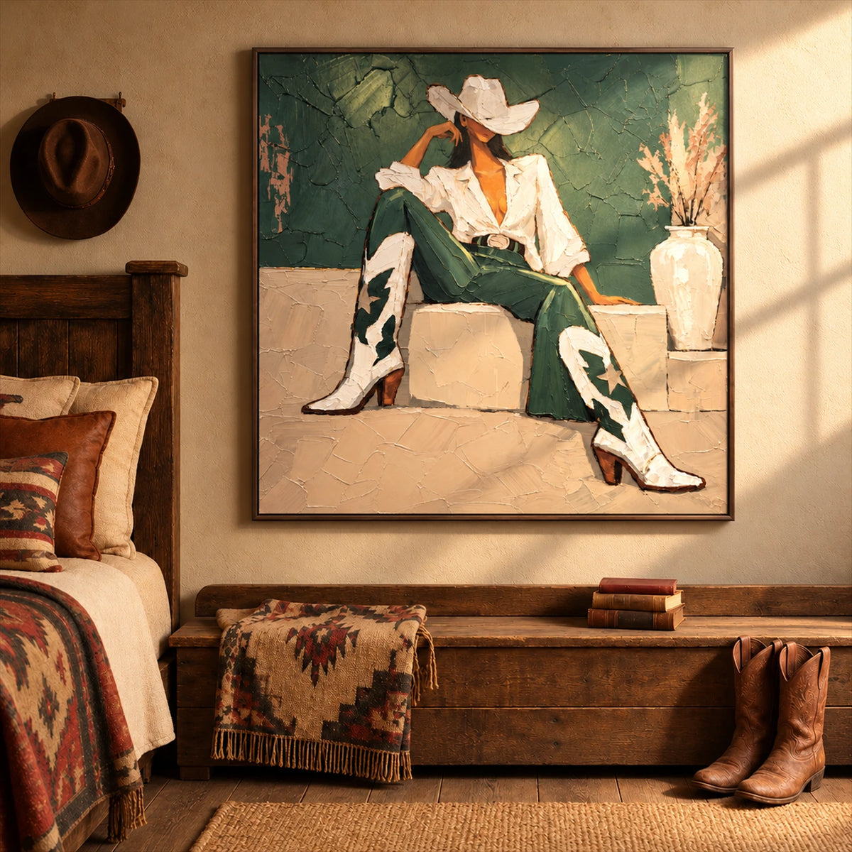Sage Cowgirl artwork displayed above a wooden bench beside a bed.