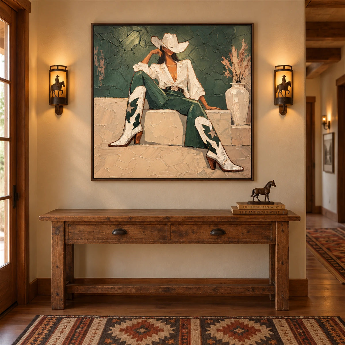 Sage Cowgirl artwork displayed above a wooden entryway console between wall lights.