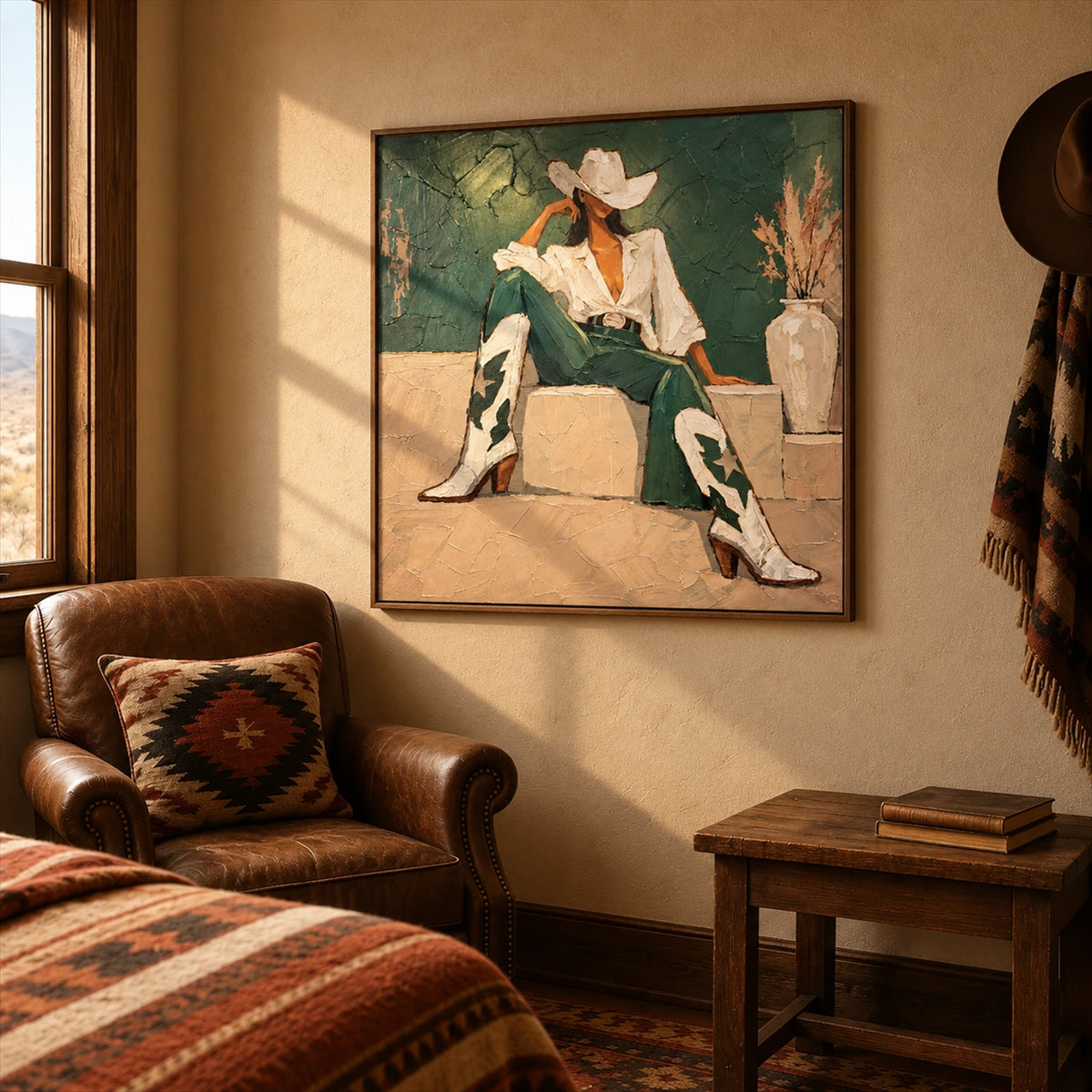 Sage Cowgirl artwork displayed beside a leather armchair and wooden side table.