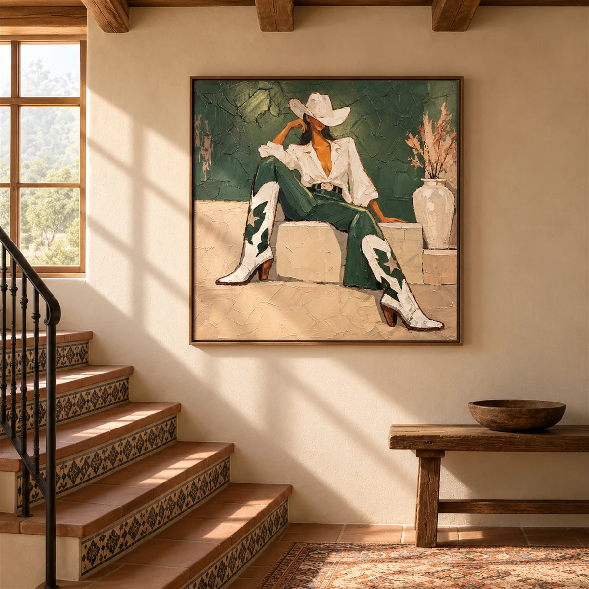 Sage Cowgirl artwork displayed beside a tiled staircase in warm afternoon light.