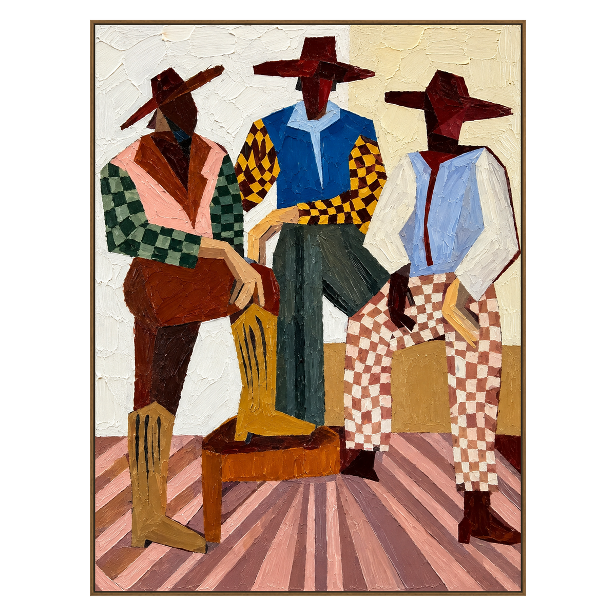 Checkered Posse artwork in a natural wood frame on a transparent background.