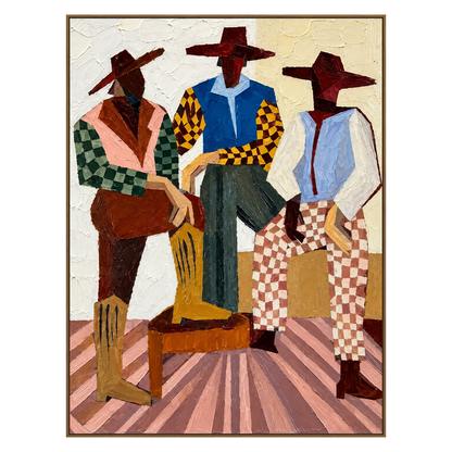 Checkered Posse artwork in a natural wood frame on a transparent background.