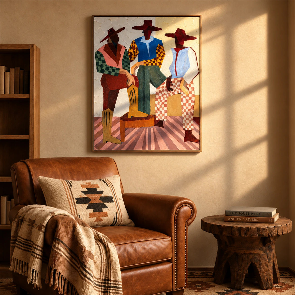 Checkered Posse artwork displayed beside a brown leather armchair in warm window light.