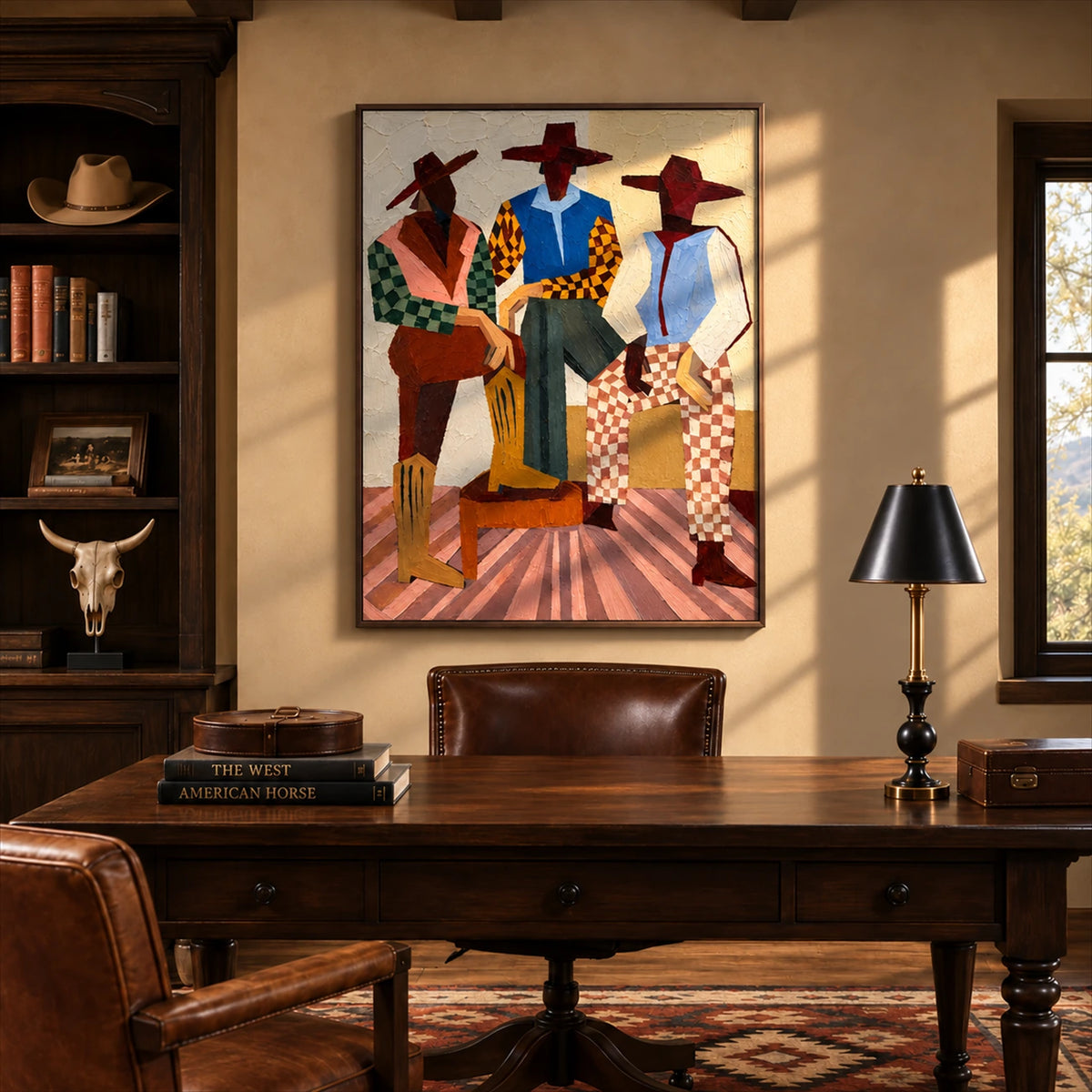 Checkered Posse artwork displayed above a wooden desk in a western-inspired study.