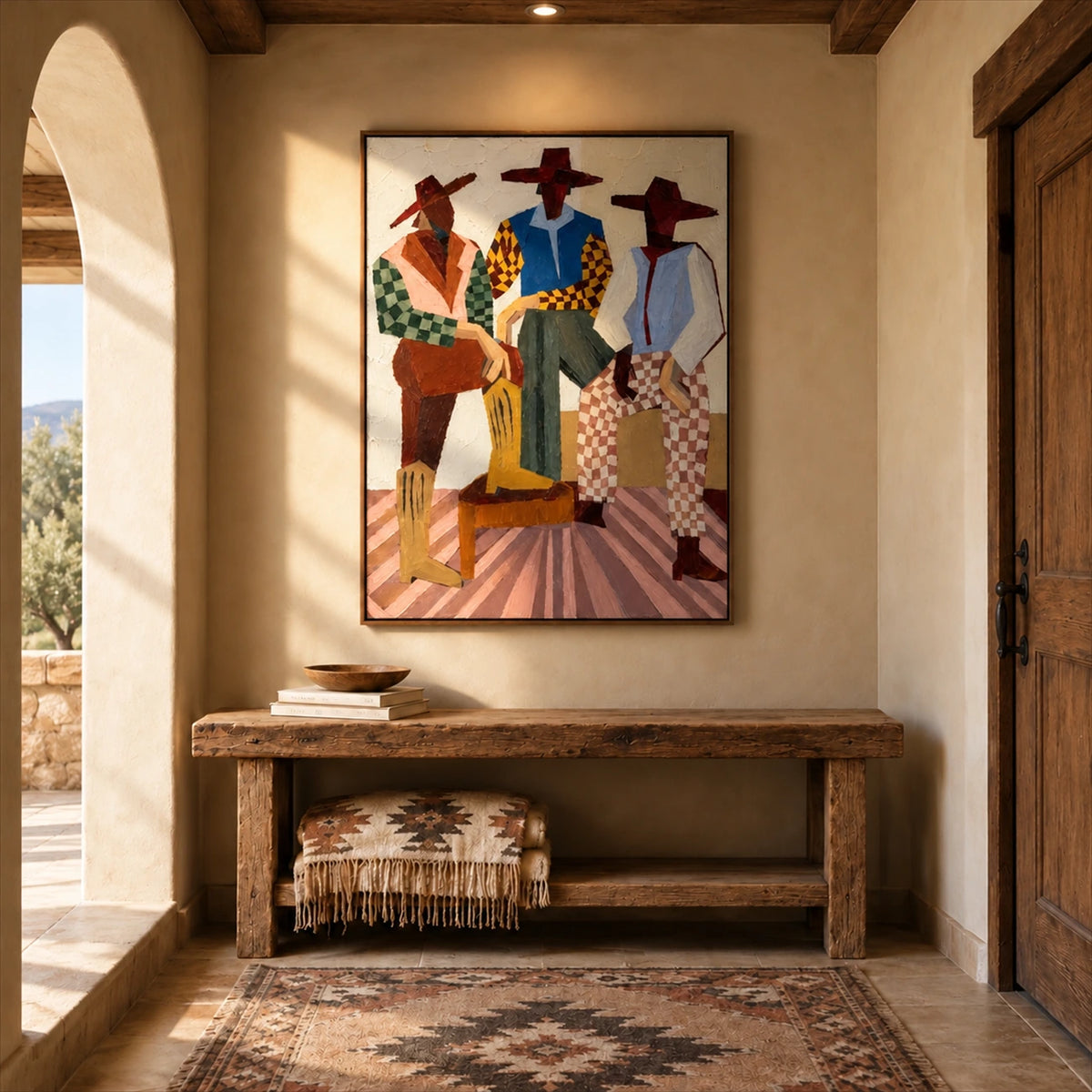 Checkered Posse artwork displayed above a rustic wooden console in an entryway.