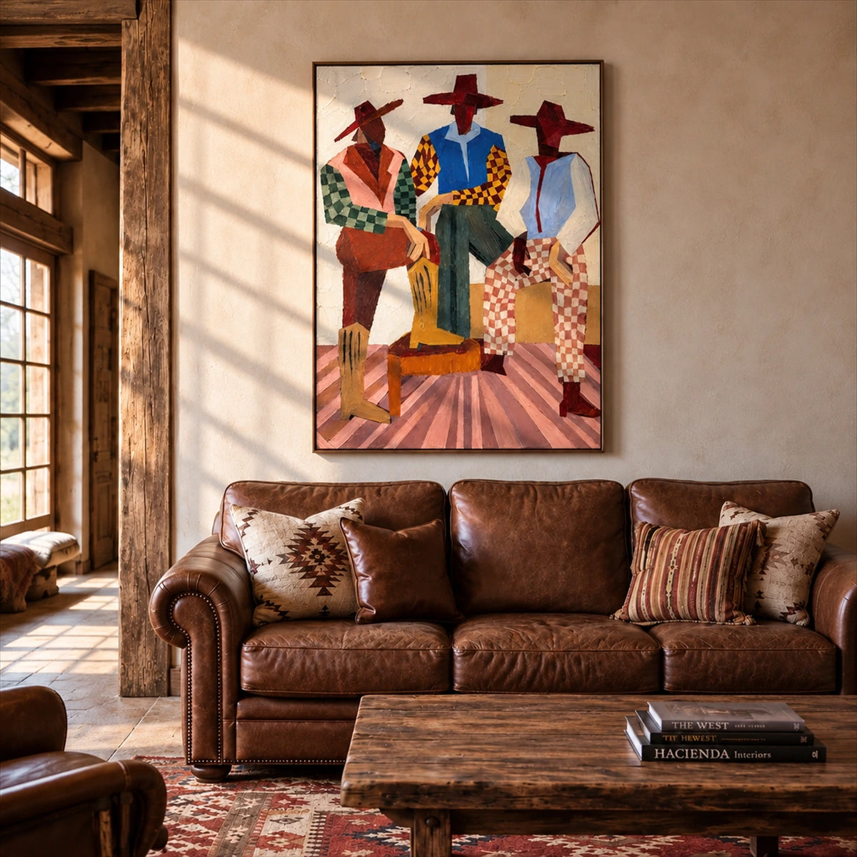 Checkered Posse artwork displayed above a brown leather sofa in a sunlit living room.