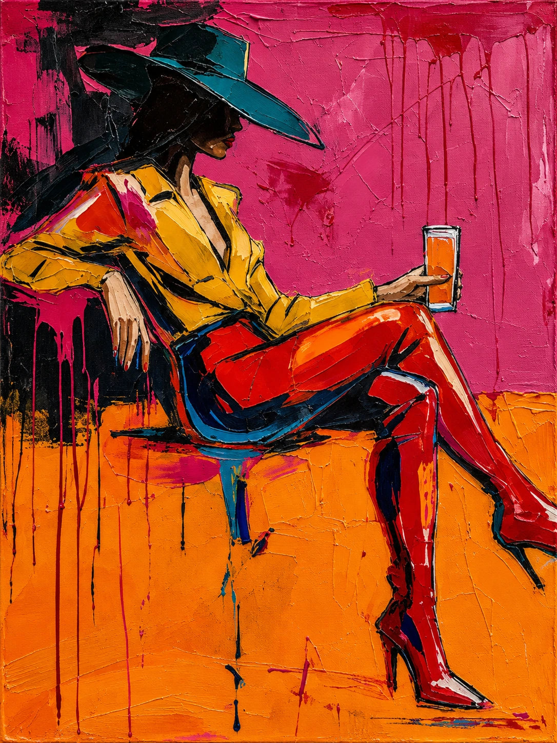 Neon Repose full artwork. A reclining woman in a teal cowboy hat holds a drink against vivid pink and orange fields.