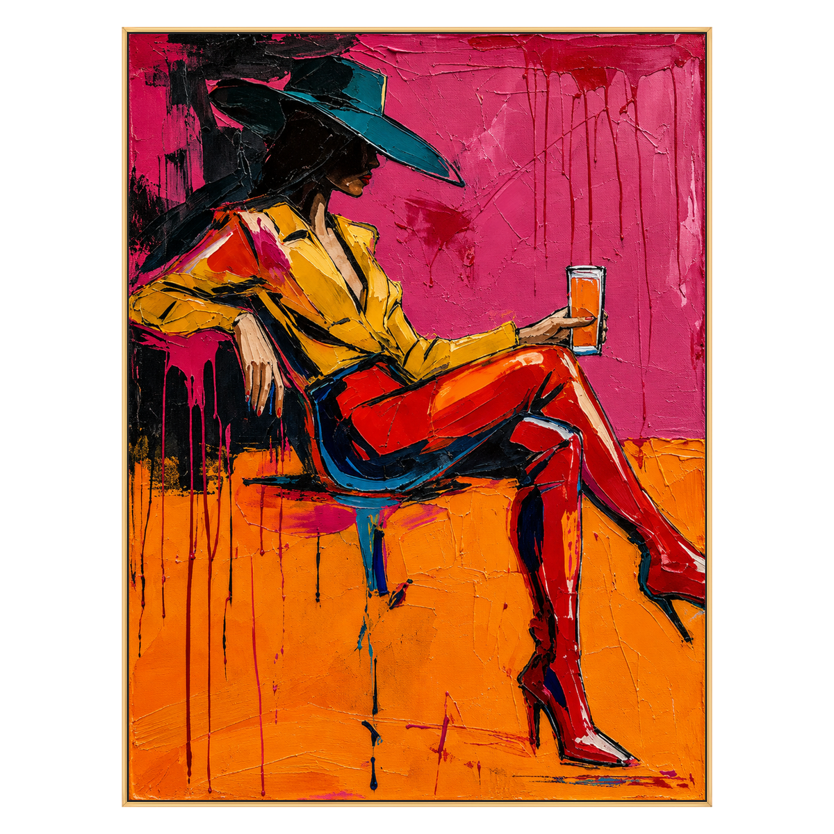 Neon Repose artwork in a gold frame on a transparent background.