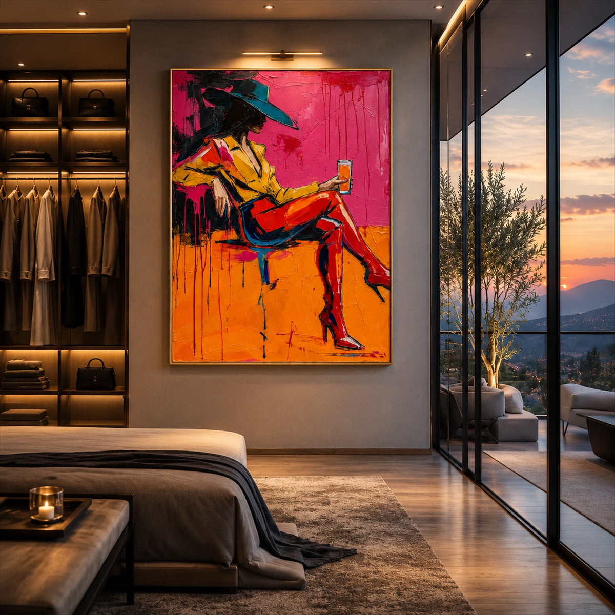 Neon Repose artwork displayed beside a bed and illuminated wardrobe at dusk.