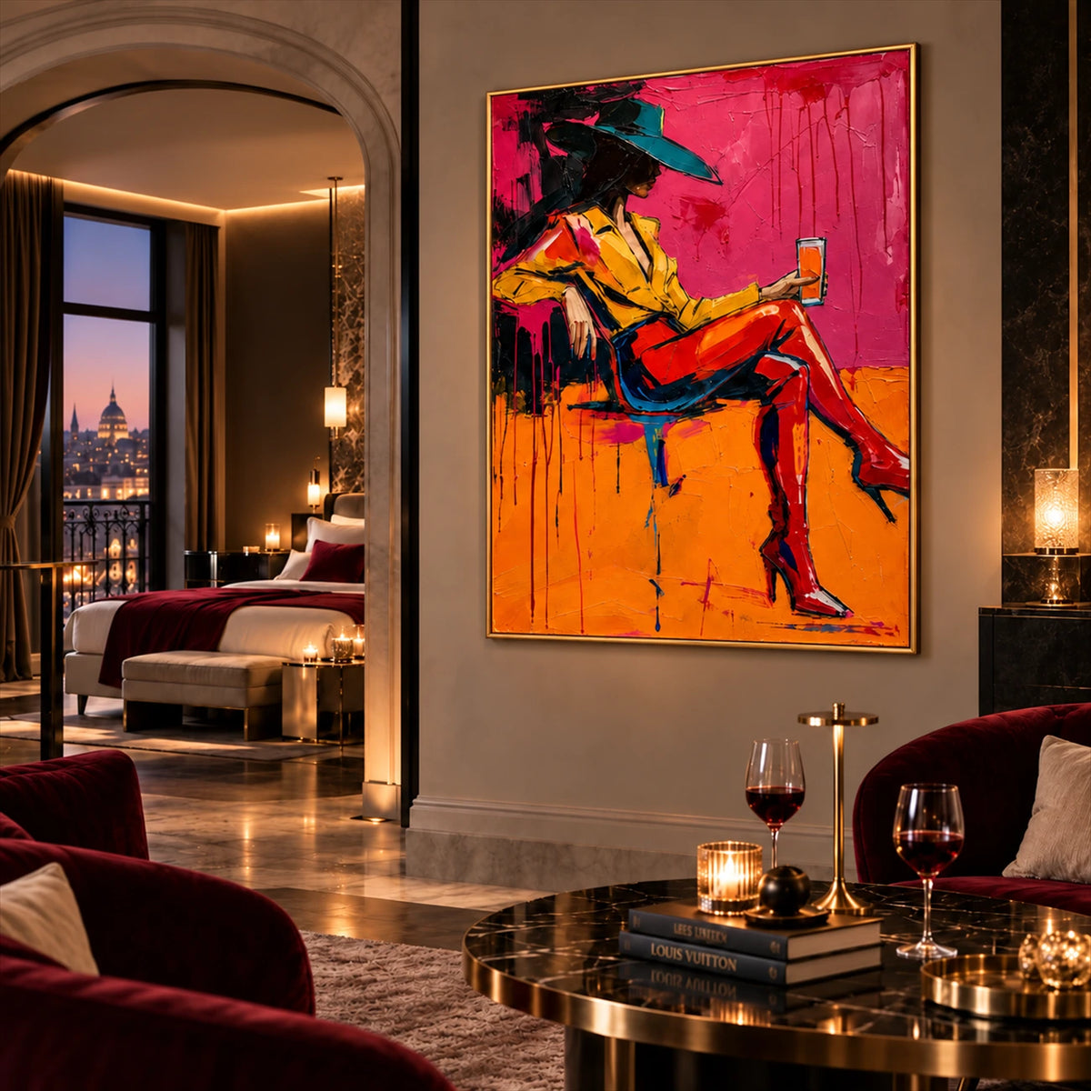 Neon Repose artwork displayed above lounge seating beside an arched bedroom entrance.