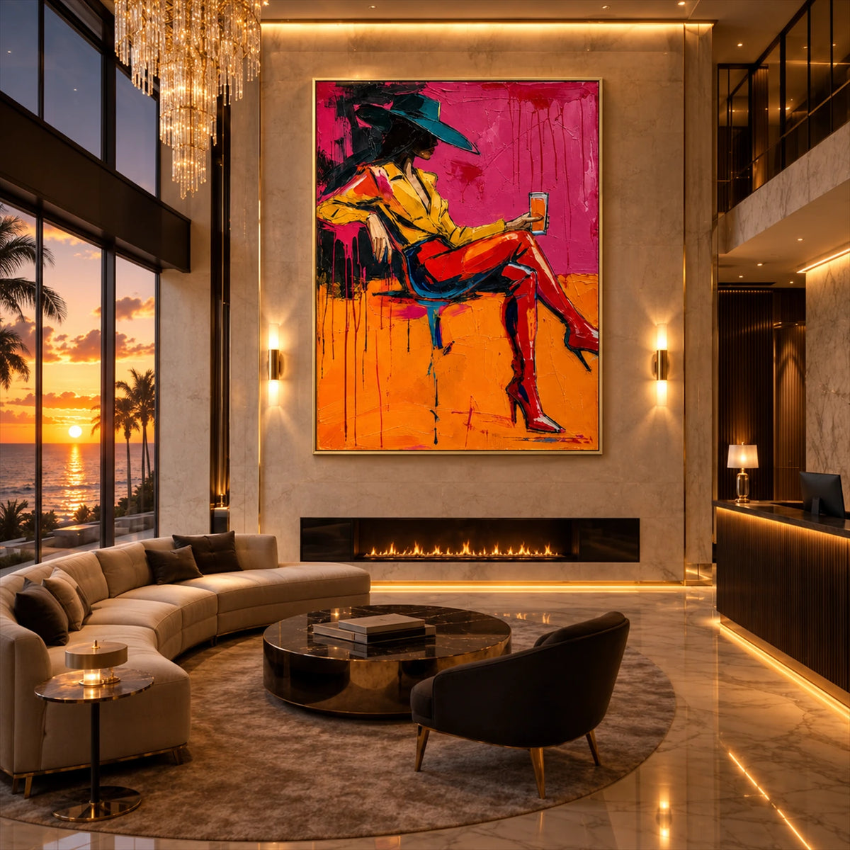 Neon Repose artwork displayed above a fireplace in a double-height living room.