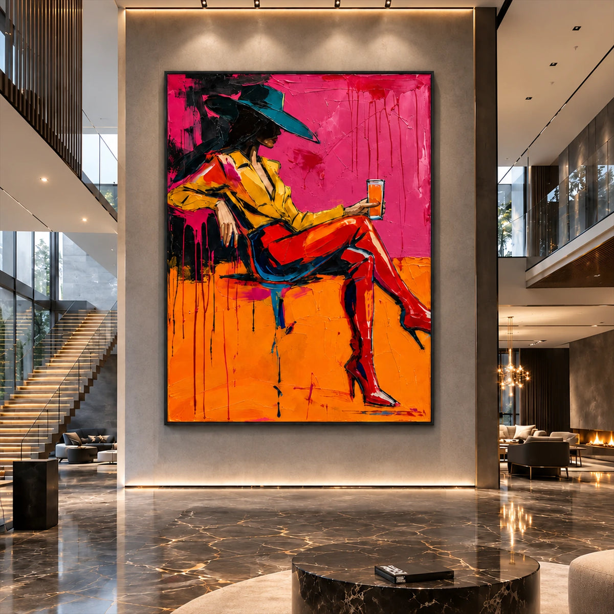 Neon Repose artwork displayed on a tall wall in a marble-floored foyer.
