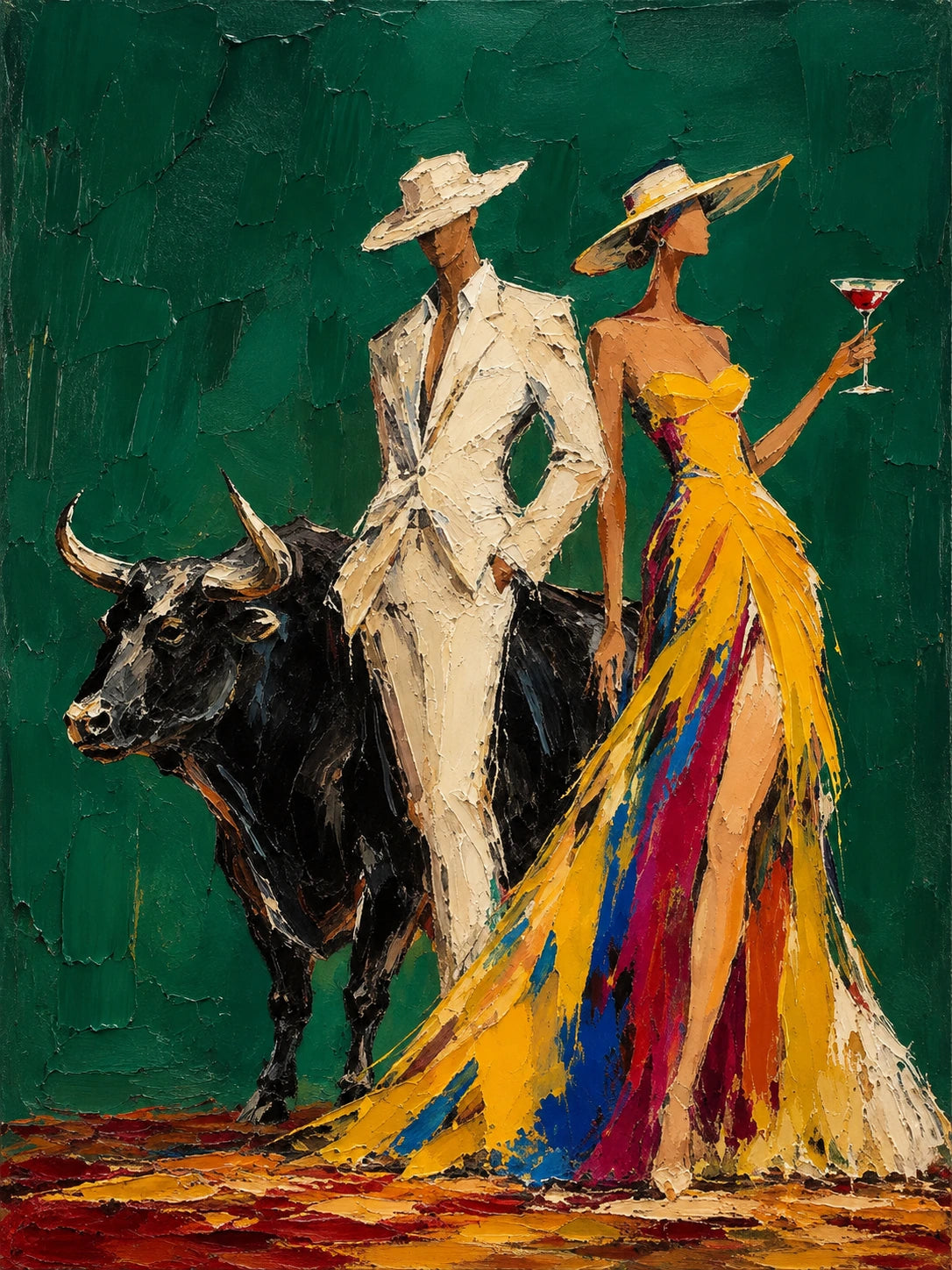 Emerald Soiree full artwork. An elegantly dressed pair stands beside a black bull against a deep emerald background.