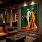 Emerald Soiree artwork displayed above brown leather seating in a dimly lit lounge.