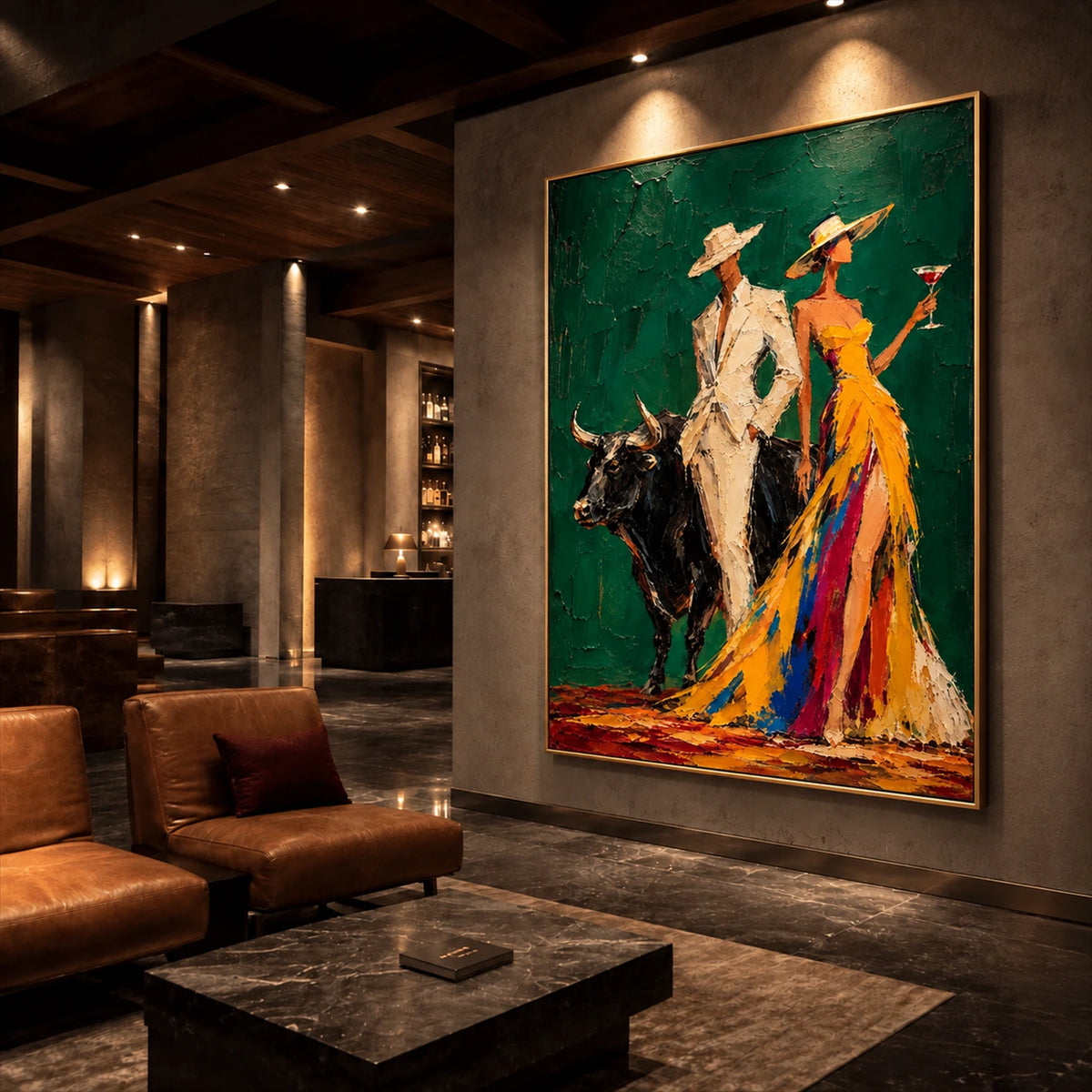 Emerald Soiree artwork displayed above brown leather seating in a dimly lit lounge.