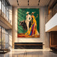 Emerald Soiree artwork displayed above a long console in a sunlit double-height foyer.