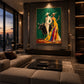 Emerald Soiree artwork displayed above a floating console beside a city-view window.