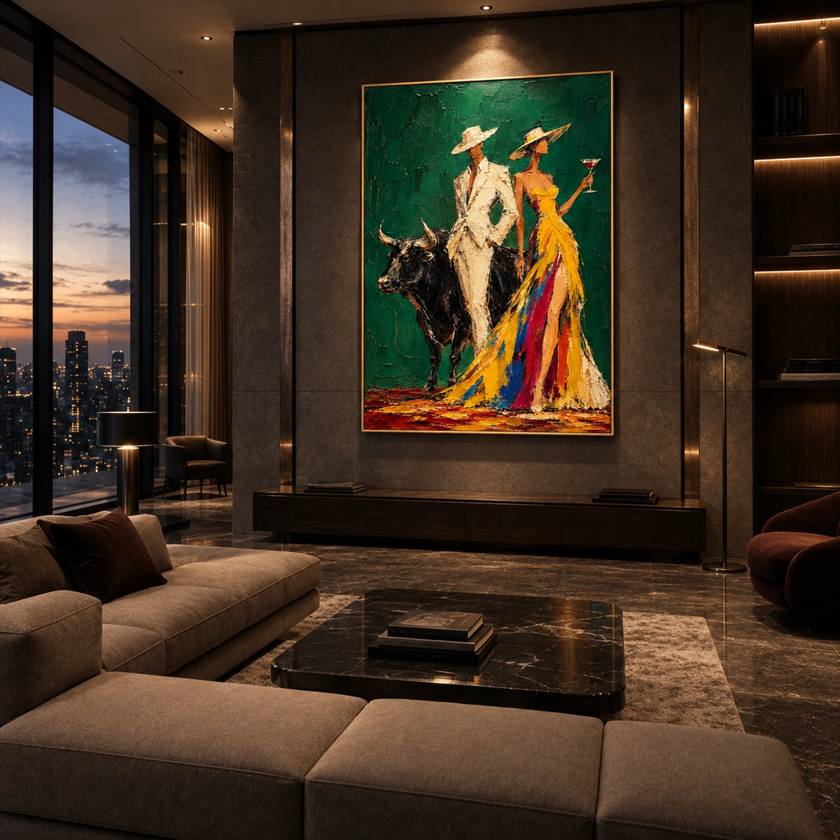 Emerald Soiree artwork displayed above a floating console beside a city-view window.