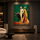 Emerald Soiree artwork displayed above a low cabinet beside a cream armchair.