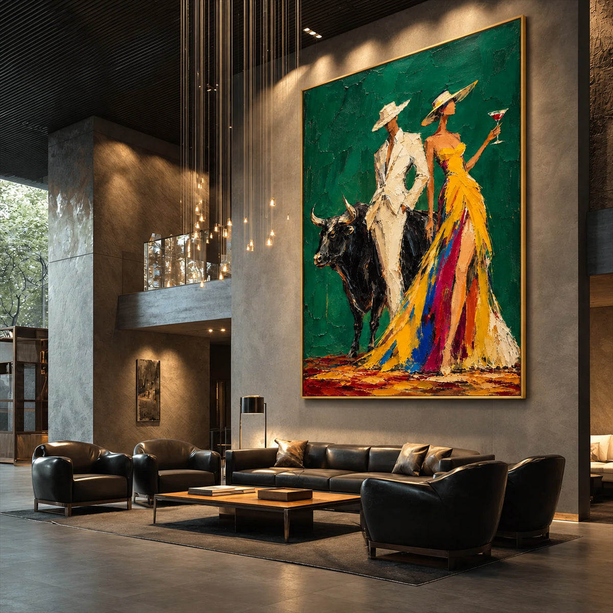 Emerald Soiree artwork displayed above dark seating in a tall contemporary living room.