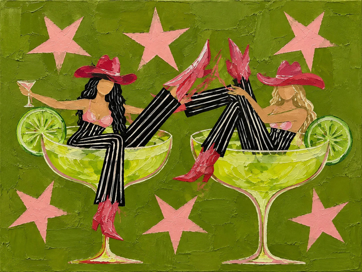 Lime Revelry full artwork. Two cowgirls lounge inside oversized lime cocktails beneath scattered pink stars.