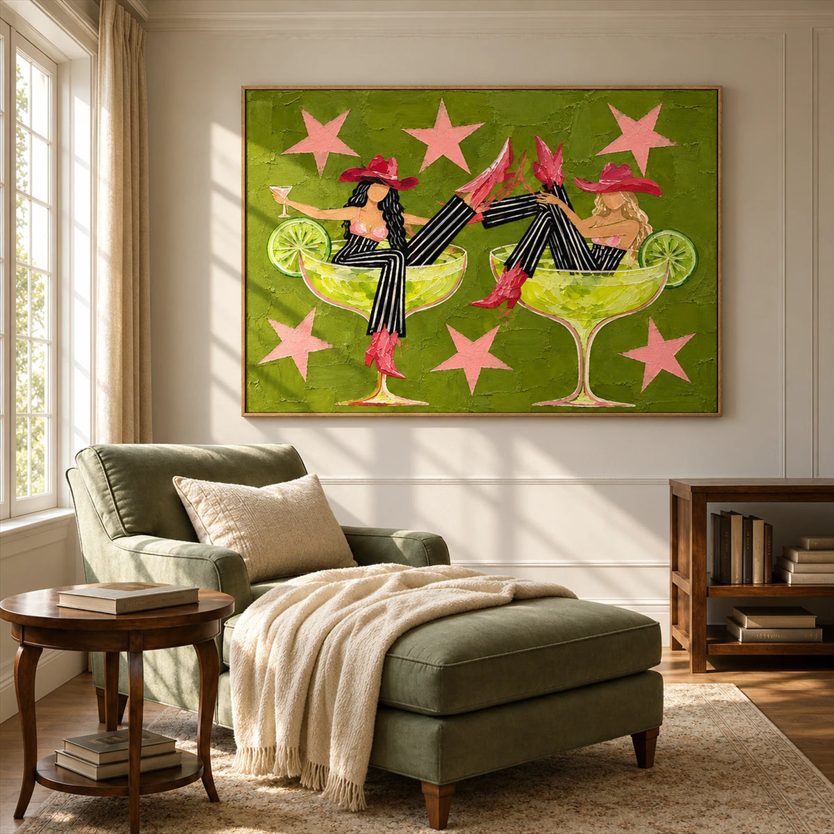 Lime Revelry artwork displayed above a green chaise in a sunlit sitting room.