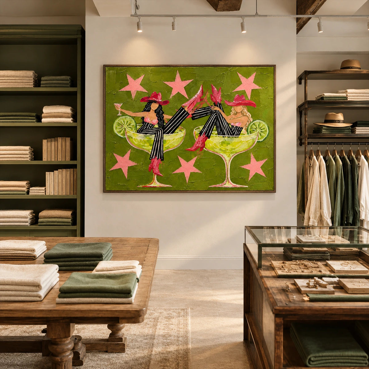 Lime Revelry artwork displayed between clothing shelves in a dressing room.