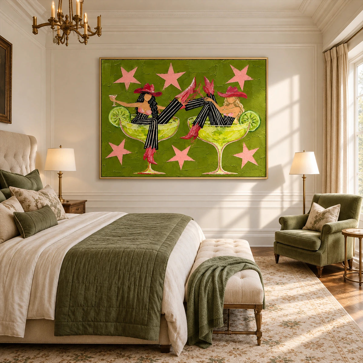 Lime Revelry artwork displayed above a bed with green bedding.