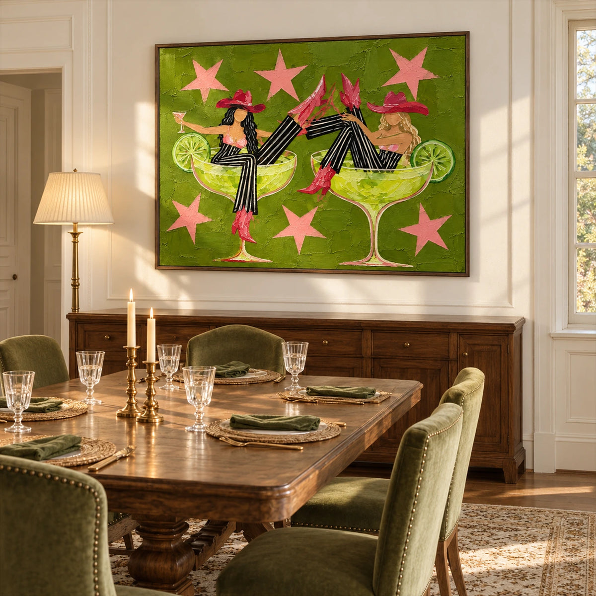 Lime Revelry artwork displayed above a sideboard beside a dining table.